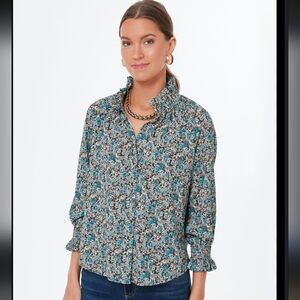 Tuckernuck Robins Egg Floral Schuyler Ruffle Button Down Blue Blouse Size Small